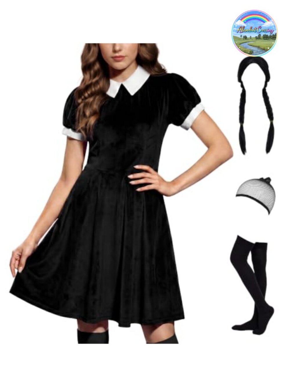 Velvet Halloween Costume Dress 5PC Set Peter Pan Collar Cosplay A-Line